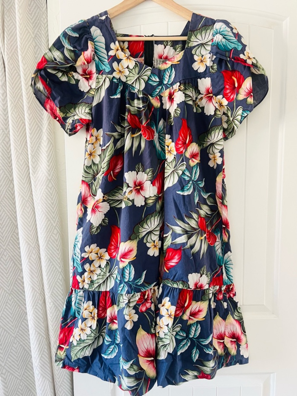 Handmade Tropical Floral Dress Frida Kahlo Style Puff Sleeve Midi Navy Red Large